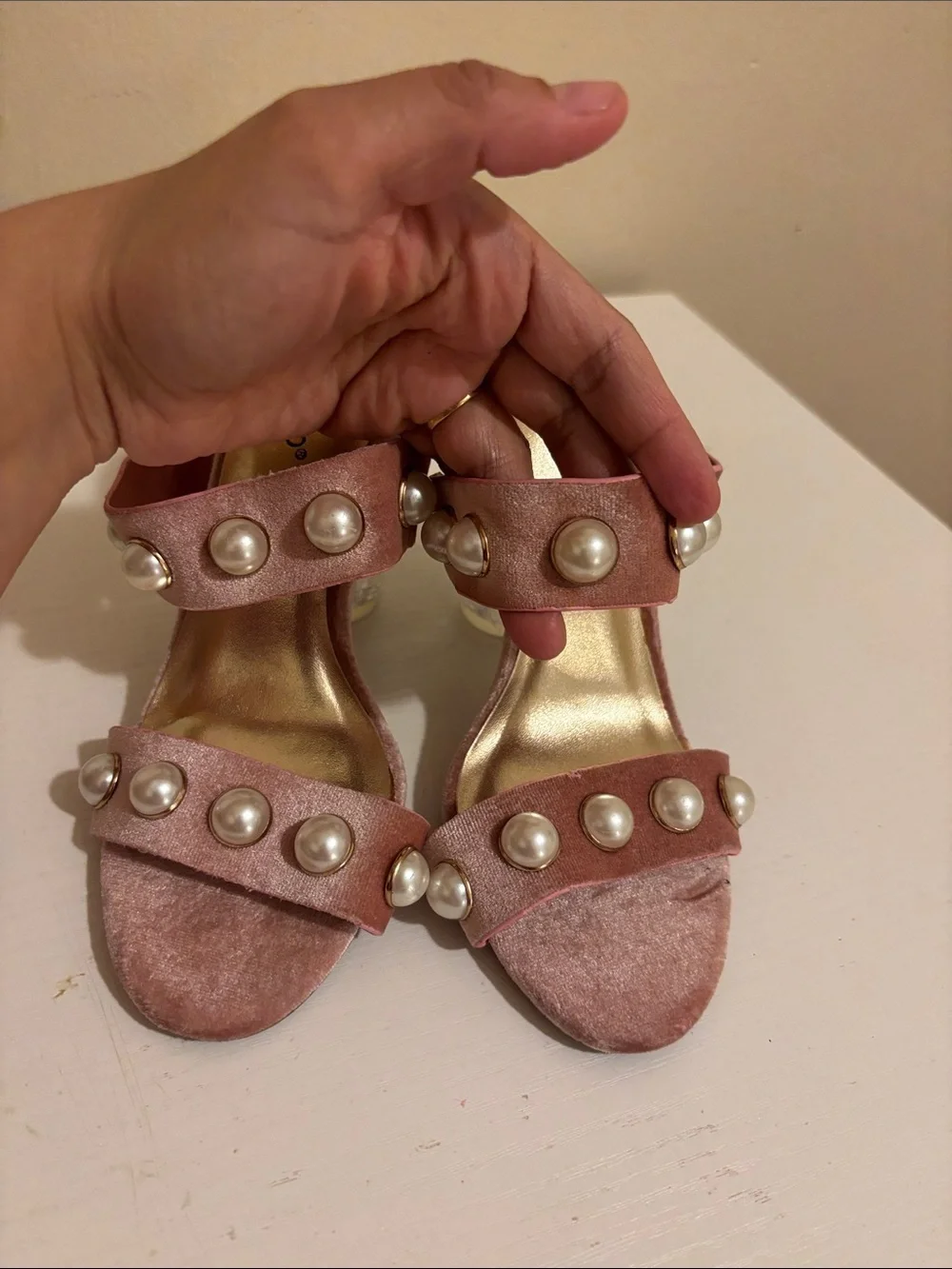 BAMBOO Pink Velvet Slide Heels with Pearl Accents